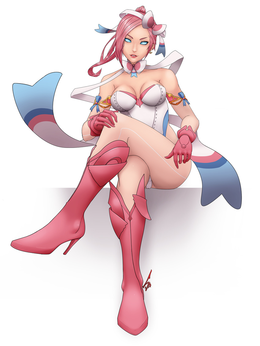 blue_eyes boots bow breasts crossed_legs detached_collar earrings gen_6_pokemon gloves high_heel_boots high_heels high_ponytail highres jewelry knee_boots leotard medium_breasts pantyhose personification pink_footwear pink_hair pokemon ponytail ribbon scyfon sitting solid_eyes solo sylveon