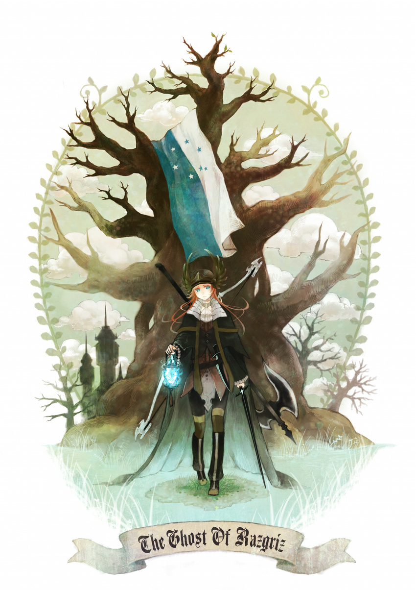 ace_combat ace_combat_5 aqua_eyes axe blue_fire bow_(weapon) cloak cloud dagger demon_of_razgriz english fire grass helmet highres lantern long_hair osean_flag pantyhose red_hair solo sunka sword tower tree weapon