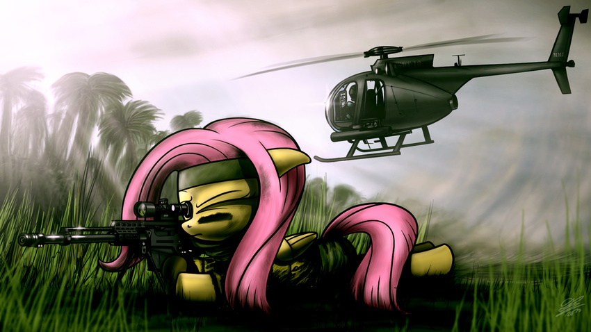 aircraft as50 clothing dori-to equine female fluttershy_(mlp) friendship_is_magic fur grass gun hair helicopter horse mammal my_little_pony pony ranged_weapon tree weapon widescreen yellow_fur