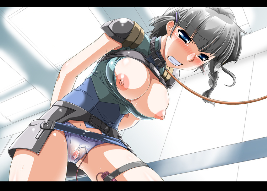 1girl bdsm black_hair blue_eyes blush bondage bound braid breasts clenched_teeth collar ebido female grey_hair hair_ornament hairclip leash nipples panties seolla_schweizer side_braid silver_hair solo super_robot_wars tears teeth underwear vibrator vibrator_under_panties