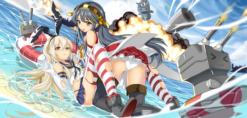 absurdres bare_shoulders black_hair black_panties blonde_hair boots detached_sleeves elbow_gloves gloves hair_ornament hairband hairclip haruna_(kantai_collection) highres japanese_clothes kantai_collection kikimi lifebuoy long_hair multiple_girls open_mouth panties pantyshot rensouhou-chan shimakaze_(kantai_collection) striped striped_legwear thigh_boots thighhighs torn_clothes underwear white_panties