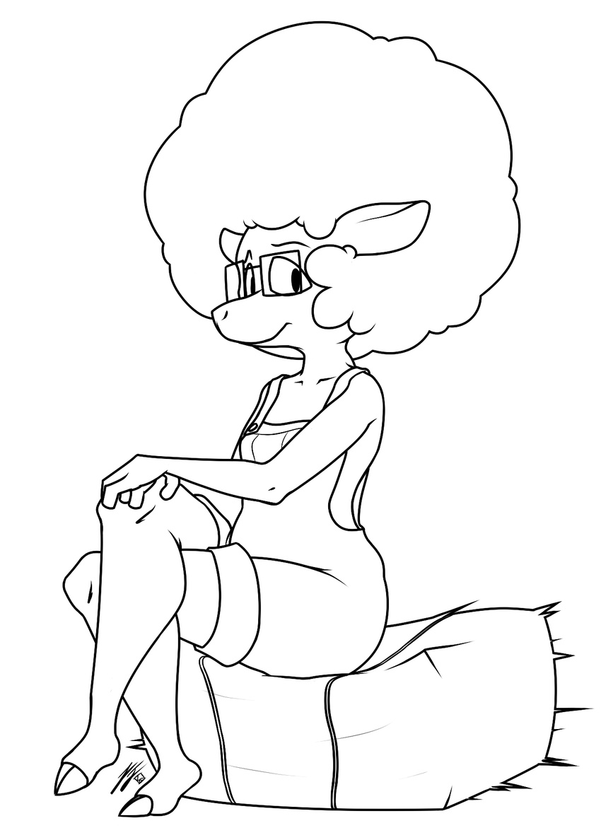 afro black_and_white caprine eyewear female glasses hay hi_res line_art looking_at_viewer mammal monochrome sheep sitting solo