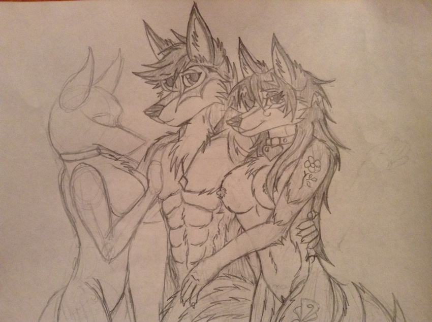 abs arm_around_back biceps big_breasts breasts canine collar dawn_walker female fondling fur furry_tail group hair kacey_hearts long_hair looking_at_viewer male mammal necklace nude pencil_(art) pussy sebastian_veins sketch smile straight stranger tattoo threesome wolf