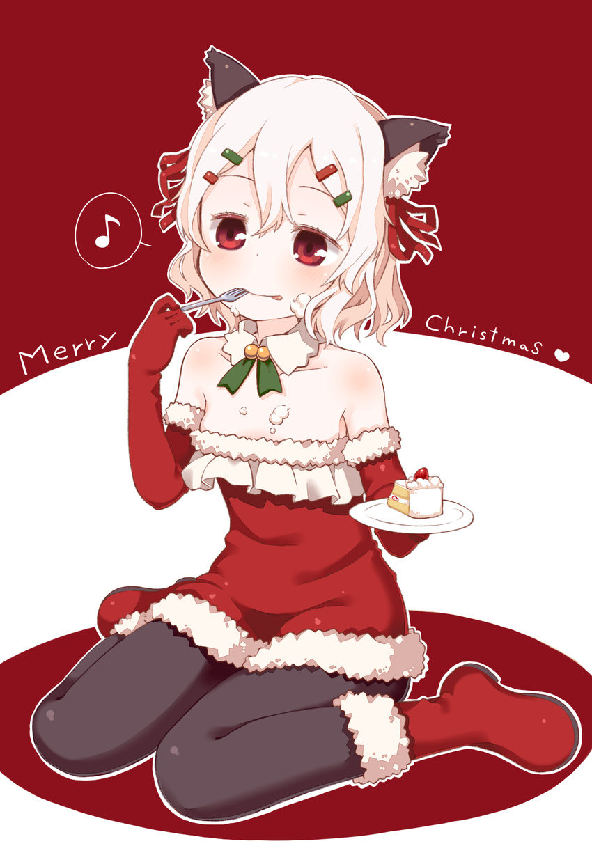 :p animal_ears bare_shoulders boots cake cat_ears christmas detached_collar eighth_note food food_on_body food_on_face fork gloves hair_ornament hairclip highres merry_christmas muku_(muku-coffee) musical_note original pantyhose red red_eyes red_footwear red_gloves santa_costume shiro_(muku) short_hair solo spoken_musical_note tongue tongue_out white_hair
