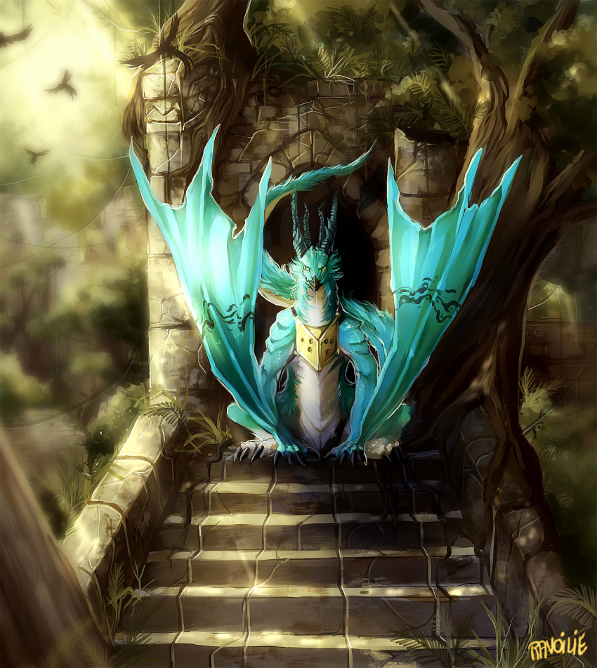 2017 beak black_beak blue_fur day detailed_background digital_media_(artwork) dragon feral forest fur green_eyes horn outside ravoilie smile solo standing tree wyvern