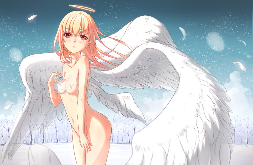 angel angel_wings areolae blonde_hair blush convenient_censoring feathered_wings feathers halo long_hair md5_mismatch navel nude orange_eyes original phantania snow snowing solo wind wings