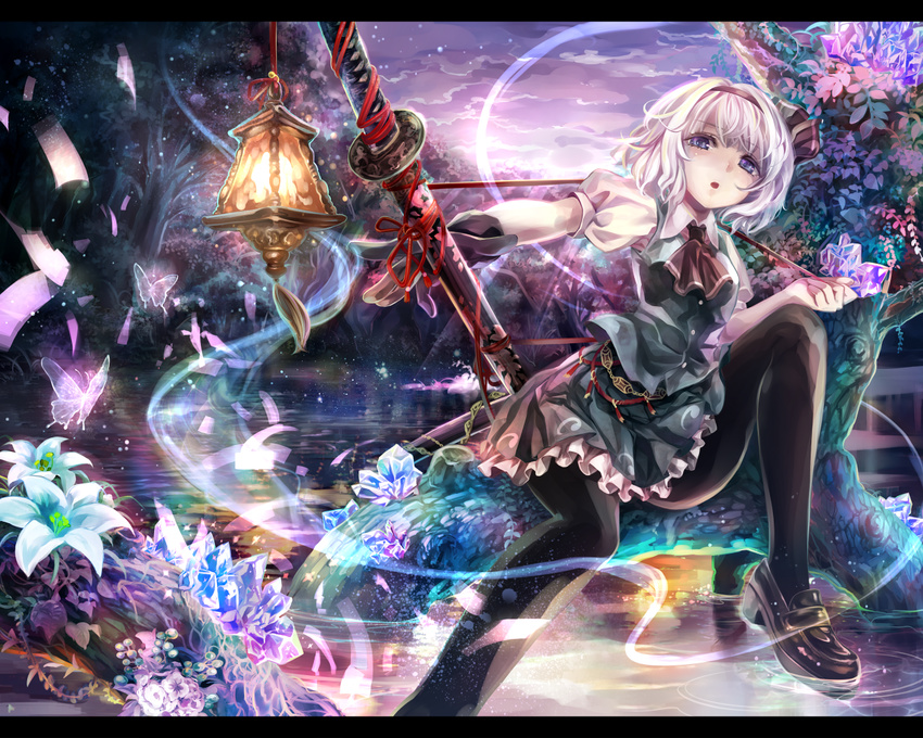 :o bad_id bad_pixiv_id black_gloves black_legwear blue_eyes bug butterfly crystal flower gloves hair_ribbon hairband insect katana konpaku_youmu konpaku_youmu_(ghost) lake lantern letterboxed looking_at_viewer open_mouth pantyhose purple_eyes revision ribbon sheath sheathed short_hair silver_hair single_glove sitting skirt solo sword tassel torino_akua touhou tree water weapon