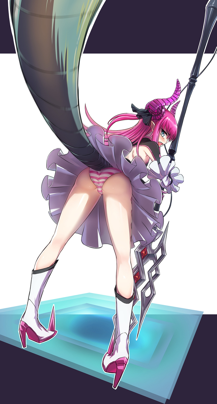 ass blue_eyes dress elizabeth_bathory_(fate) elizabeth_bathory_(fate)_(all) fate/extra fate/extra_ccc fate_(series) foreshortening high_heels highres horns long_hair panties pink_hair planted_weapon pointy_ears pointy_shoes polearm sarkany_csont_landzsa shoes solo spear striped striped_panties tail todee two_side_up underwear weapon