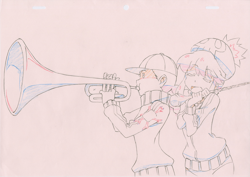 arm baseball_cap baton_(instrument) beanie commentary happy hat highres hug instrument jacket jakuzure_nonon key_frame kill_la_kill multiple_girls official_art open_mouth partially_colored patch production_art production_note promotional_art red_background short_hair sidelocks signature sketch skull smile star track_jacket track_suit trigger_(company) trumpet uniform