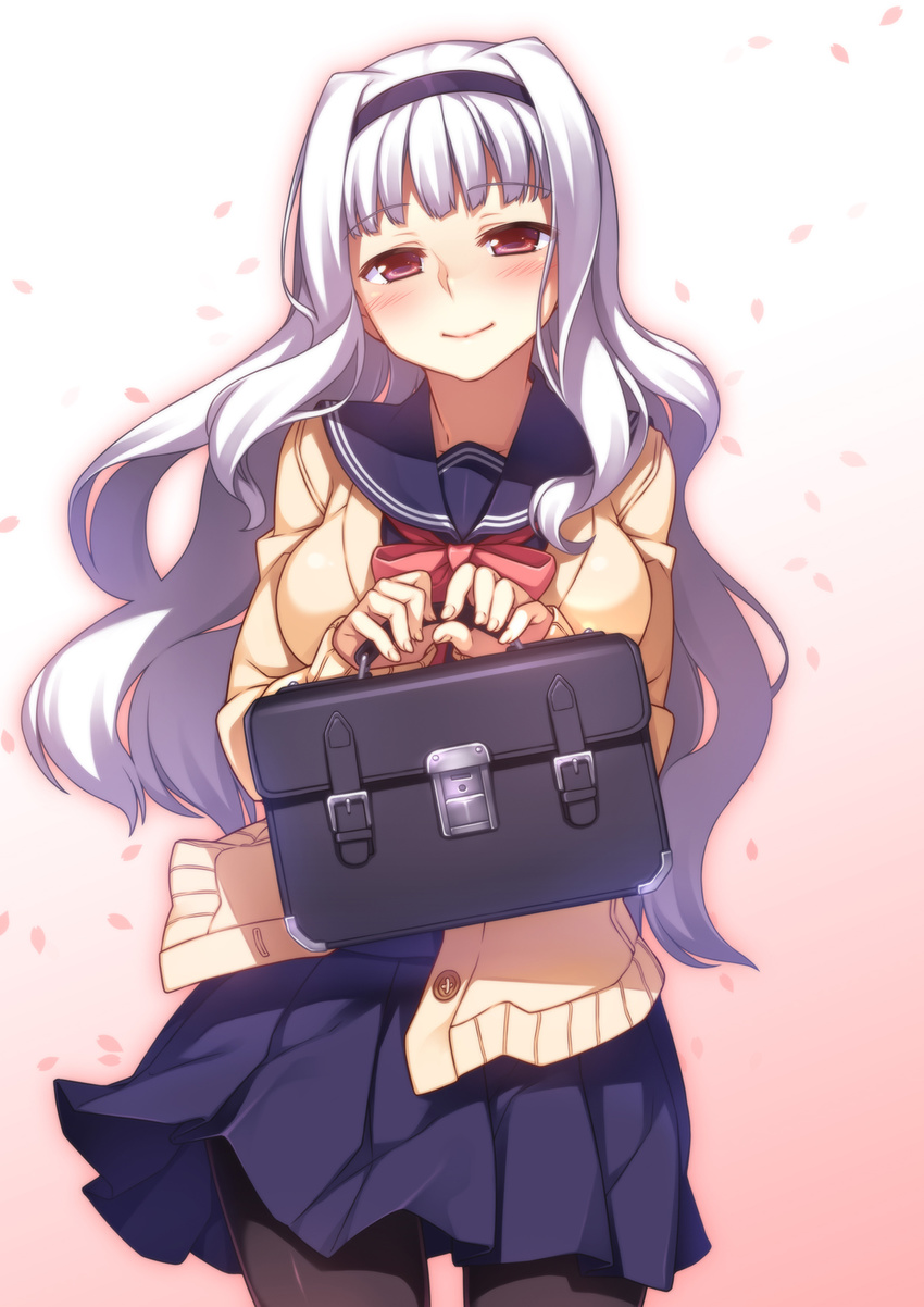 bag breasts hairband highres idolmaster idolmaster_(classic) large_breasts long_hair looking_at_viewer pantyhose petals racer_(magnet) red_eyes school_bag school_briefcase school_uniform shijou_takane smile solo white_hair