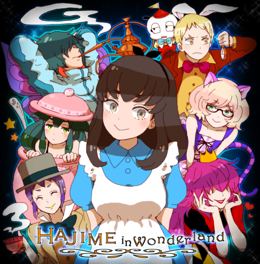 5boys alice_in_wonderland animal_ears applebrown bad_id bad_pixiv_id belt berg_katse black_hair blonde_hair boots bow bra brown_hair bunny_ears cat cigarette crown double_v dress fingerless_gloves gatchaman_crowds gloves green_eyes green_hair hair_bow hair_ornament hat hibiki_joe highres ichinose_hajime long_hair looking_at_viewer multiple_boys multiple_girls ninomiya_rui o.d. otoko_no_ko paiman popped_collar purple_eyes purple_hair smile smoking tachibana_sugane top_hat underwear utsutsu v watch yellow_eyes