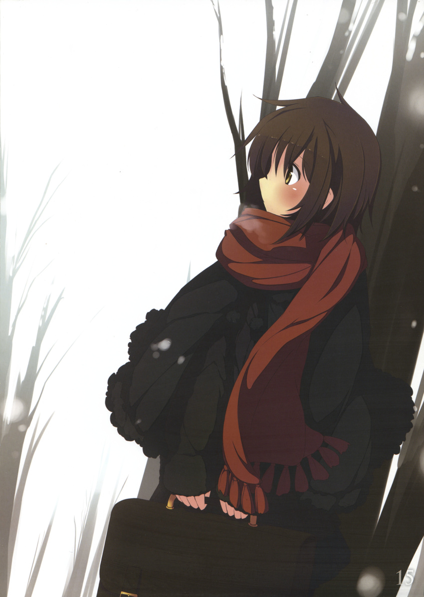 absurdres bag bare_tree blush briefcase brown_hair capelet furutaka_(kantai_collection) highres holding kantai_collection long_sleeves number official_art outdoors profile red_scarf scan scarf short_hair snowing solo tree ugume white_sky winter winter_clothes yellow_eyes