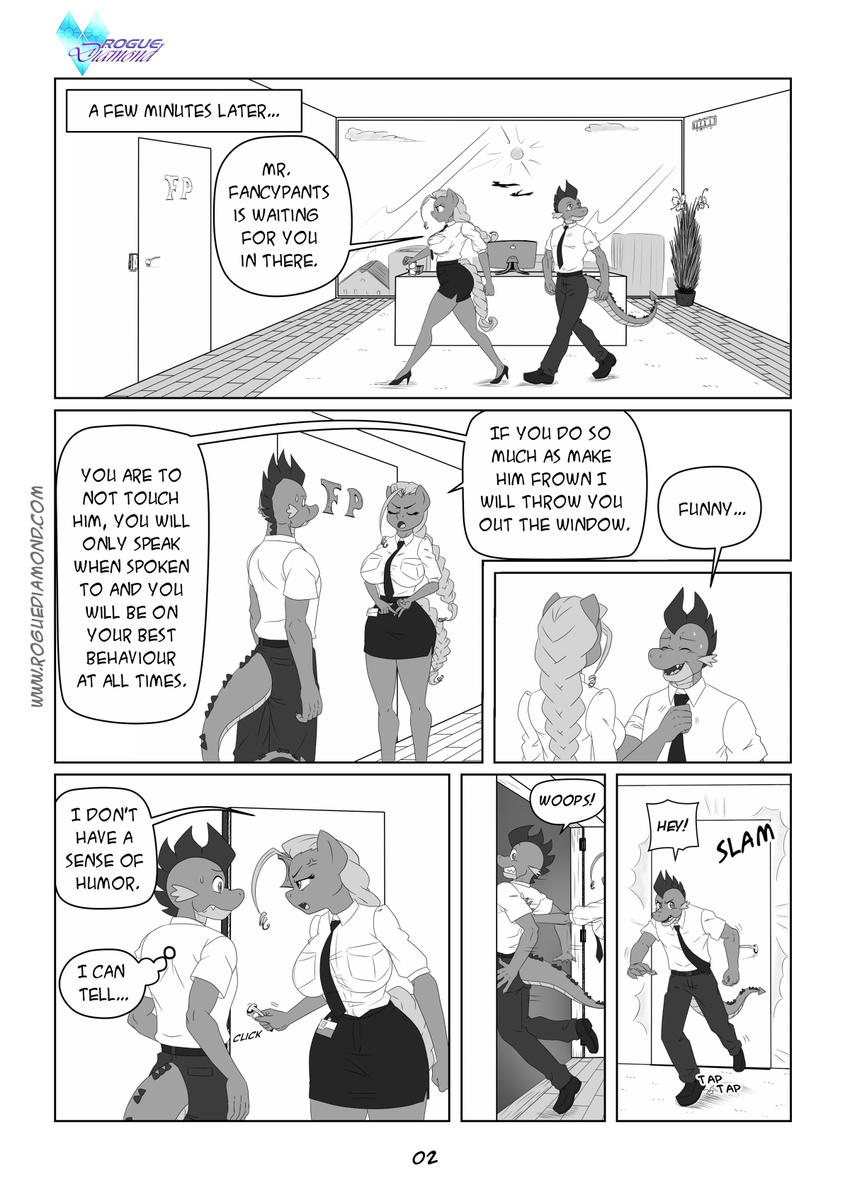 anthro anthrofied big_breasts black_and_white breasts clothing comic computer desk dialog dragon duo english_text equine female friendship_is_magic hair heels horse male mammal monochrome my_little_pony necktie office pia-sama plant pony ponytail skirt spike_(mlp) sweat text window