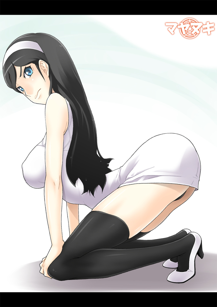 1girl all_fours ass black_hair black_legwear blue_eyes blush breasts dress feet hairband high_heels highres hornet_(artist) kumashiro_maya large_breasts legs long_hair looking_at_viewer seikimatsu_occult_gakuin sideboob simple_background solo thighs