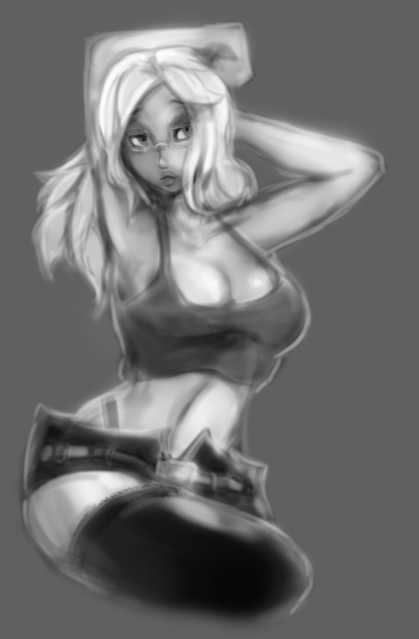breasts greyscale highres large_breasts monochrome tank_top thighhighs xpisigma