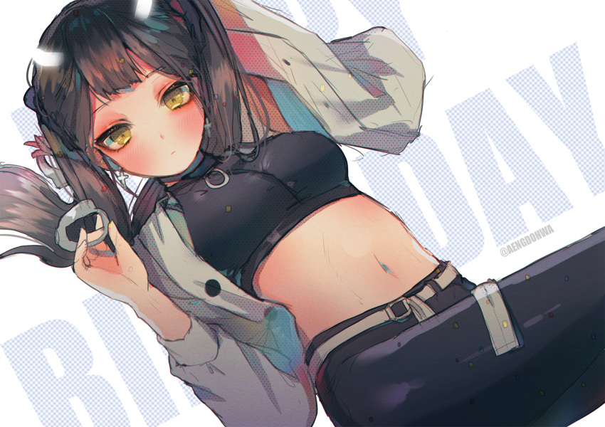 1girl arm_up armpits bangs belt black_pants black_shirt blush breasts brown_hair buttons closed_mouth commentary_request crop_top cross cross_earrings cuffs earrings glowing glowing_horns grey_jacket hanato_(seonoaiko) hand_up handcuffs holding holding_handcuffs horns jacket jewelry korean_commentary long_hair long_sleeves looking_at_viewer medium_breasts midriff navel open_clothes open_jacket original pants shirt sketch sleeveless sleeveless_shirt solo stomach twintails twitter_username white_background yellow_eyes