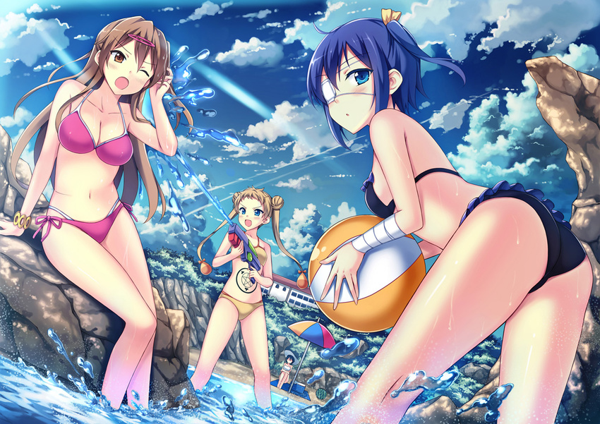 :d ;o ass bad_id bad_pixiv_id ball bandaged_arm bandages beach beach_umbrella beachball bikini black_bikini black_hair blonde_hair blue_eyes brown_eyes brown_hair chuunibyou_demo_koi_ga_shitai! cloud day dekomori_sanae double_bun eyepatch hair_ornament hairclip long_hair multiple_girls nibutani_shinka ocean one_eye_closed one_side_up open_mouth outdoors peach_(momozen) pentagram pink_bikini short_hair sky smile swimsuit takanashi_rikka trefoil tsuyuri_kumin twintails umbrella v-shaped_eyebrows water water_gun yellow_bikini