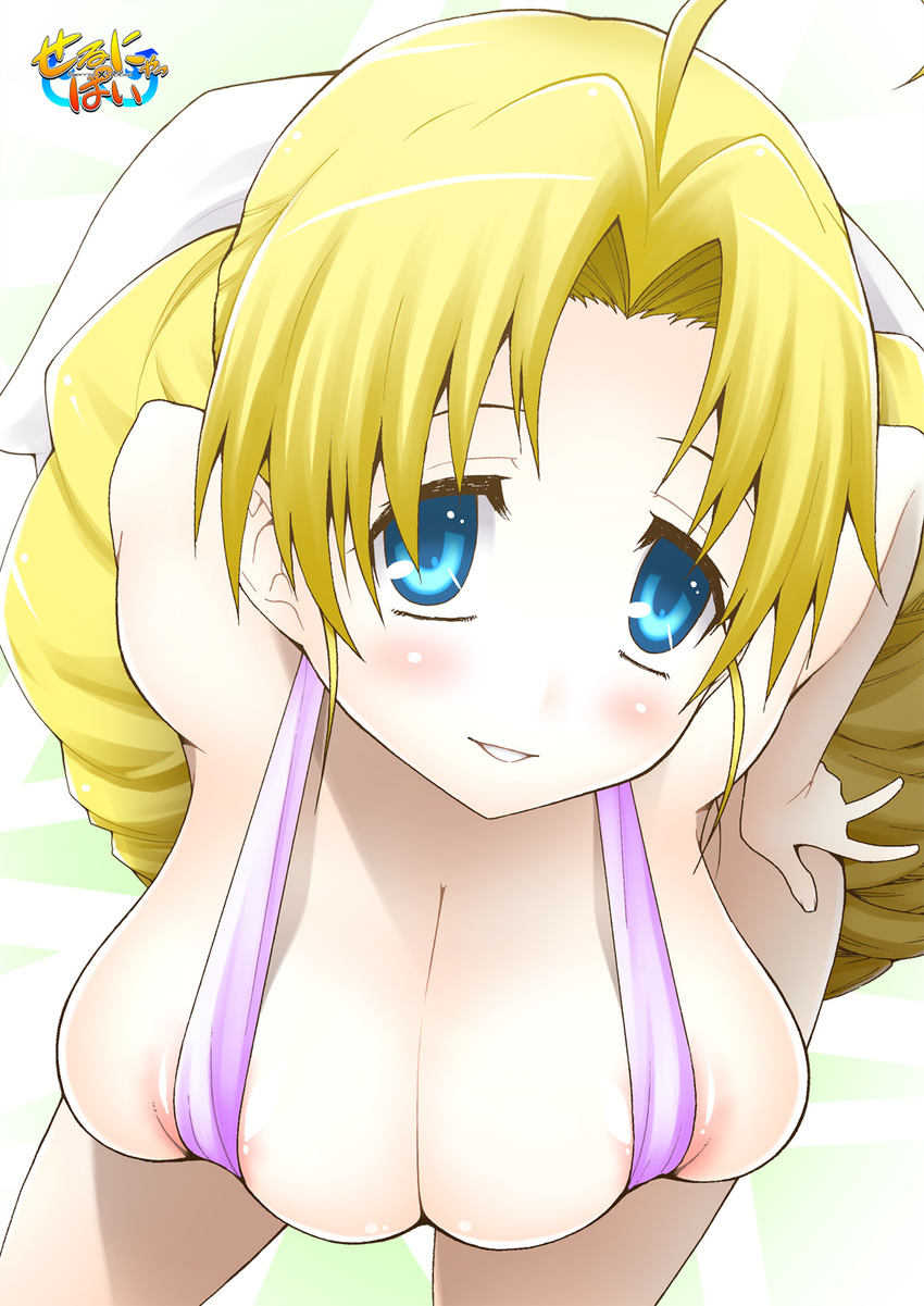 1girl areola_slip areolae bent_over bikini blonde_hair blue_eyes blush braid breasts hair_ribbon hanging_breasts highres hornet_(artist) huge_breasts impossible_clothes ladies_versus_butlers! legs long_hair looking_at_viewer ribbon sernia_iori_flameheart simple_background sling_bikini smile solo standing swimsuit thighs twin_braids