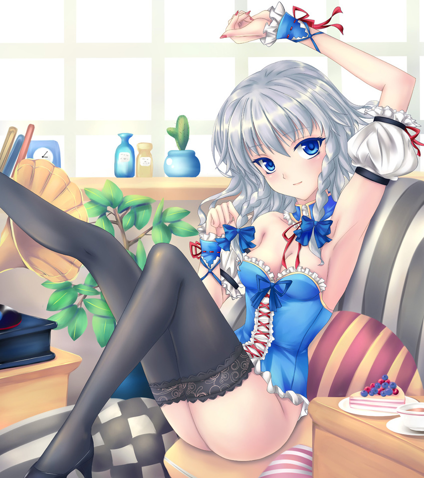 arm_up armpits bare_shoulders black_legwear blue_eyes blush bottle bottomless bow braid breasts bustier cake cleavage detached_collar detached_sleeves food fred0092 hair_bow high_heels highres indoors izayoi_sakuya leg_up looking_at_viewer medium_breasts nail_polish no_hat no_headwear no_panties phonograph pillow revision shoes short_hair silver_hair sitting smile solo thighhighs touhou twin_braids underwear underwear_only window wrist_cuffs