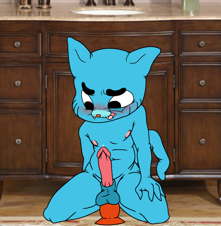 anal anal_insertion anal_penetration anthro balls blush cat cub dildo feline gumball_watterson hi_res insertion kaboozey male mammal penetration penis precum sex_toy solo the_amazing_world_of_gumball young