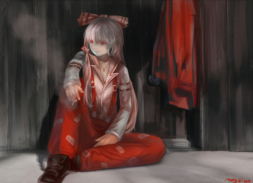bow cigarette fujiwara_no_mokou hair_bow jewelry long_hair long_sleeves magician_(china) md5_mismatch necklace pants pendant red_eyes shirt silver_hair solo suspenders touhou very_long_hair