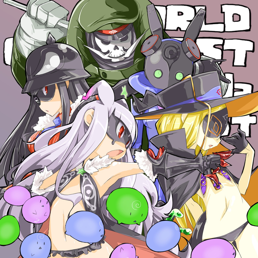 4girls antenna_hair armpits bare_shoulders black_gloves black_hair black_panties breasts cloak copyright_name eyepatch face_mask fur_trim gauntlets general_pepel gloves green_eyes half_gloves hat helmet highres hoshimiya_kate kurukuru_(sekai_seifuku) long_hair lowleg lowleg_panties lowleg_skirt mask medium_breasts midriff military military_uniform multiple_girls natasha_(sekai_seifuku) necktie open_mouth panties peaked_cap pickelhaube plamja-sama professor_um red_eyes roboko_(sekai_seifuku) robot sekai_seifuku:_bouryaku_no_zvezda shikabane_gorou shikabane_itsuka silver_hair star underwear uniform venera-sama yomi_(incubator)