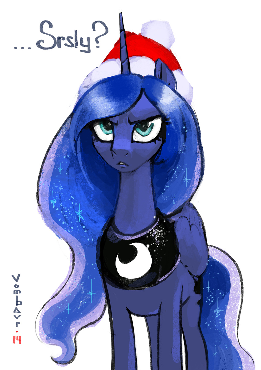 annoyed blue_eyes christmas cutie_mark english_text equine female friendship_is_magic hat holidays horn horse mammal moon my_little_pony necklace plain_background pony princess_luna_(mlp) santa_hat solo sparkles standing text vombavr white_background winged_unicorn wings