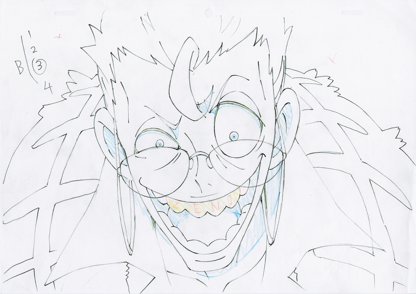 chair commentary crazy_eyes crazy_smile evil_grin evil_smile fingers glasses grill grin hands highres key_frame kill_la_kill laughing official_art parody partially_colored production_art production_note promotional_art signature simple_background sitting sketch smile takarada_kaneo teeth trigger_(company) white_background yakuza