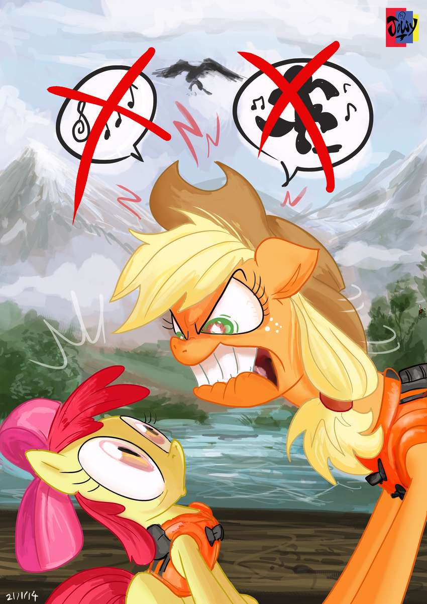 angry apple_bloom_(mlp) applejack_(mlp) avian bird blonde_hair bush clenched_teeth cowboy_hat duo eagle equine female fire freckles friendship_is_magic grass green_eyes hair hat horse jowybean life_jacket mammal mountain musical_note my_little_pony outside pink_eyes pony red_hair river sibling sisters slenderman teeth