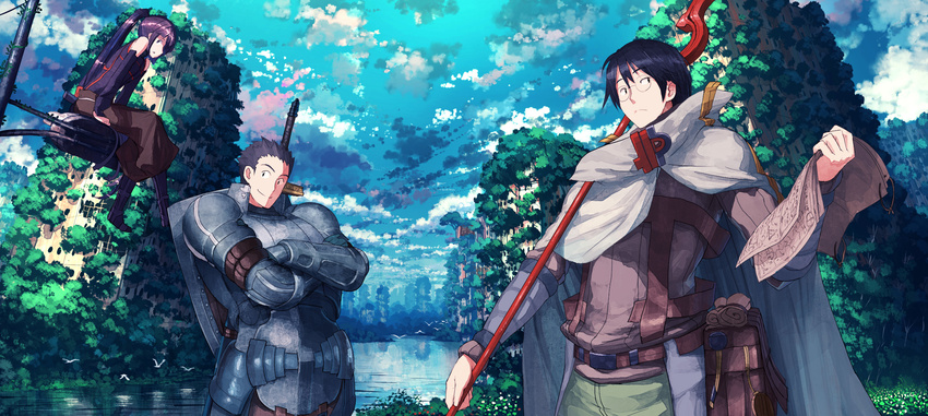 2boys akatsuki_(log_horizon) armor bare_shoulders bird blue_hair blue_sky boots brown_hair cloak crossed_arms detached_sleeves glasses highres jean_popo log_horizon long_hair looking_at_viewer map multiple_boys naotsugu_(log_horizon) overgrown ponytail pouch purple_eyes purple_hair ruins scenery shield shiroe short_hair sitting sky smile staff sword turtleneck water weapon