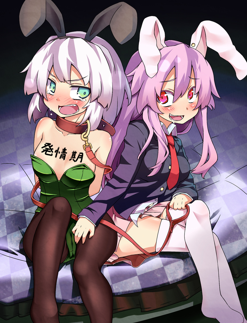 animal_ears black_legwear blush bunny_ears bunny_girl bunnysuit collar dorowa_no_hito green_eyes highres konpaku_youmu leash multiple_girls pantyhose purple_hair red_eyes reisen_udongein_inaba saliva silver_hair tears thighhighs touhou translated white_legwear yuri