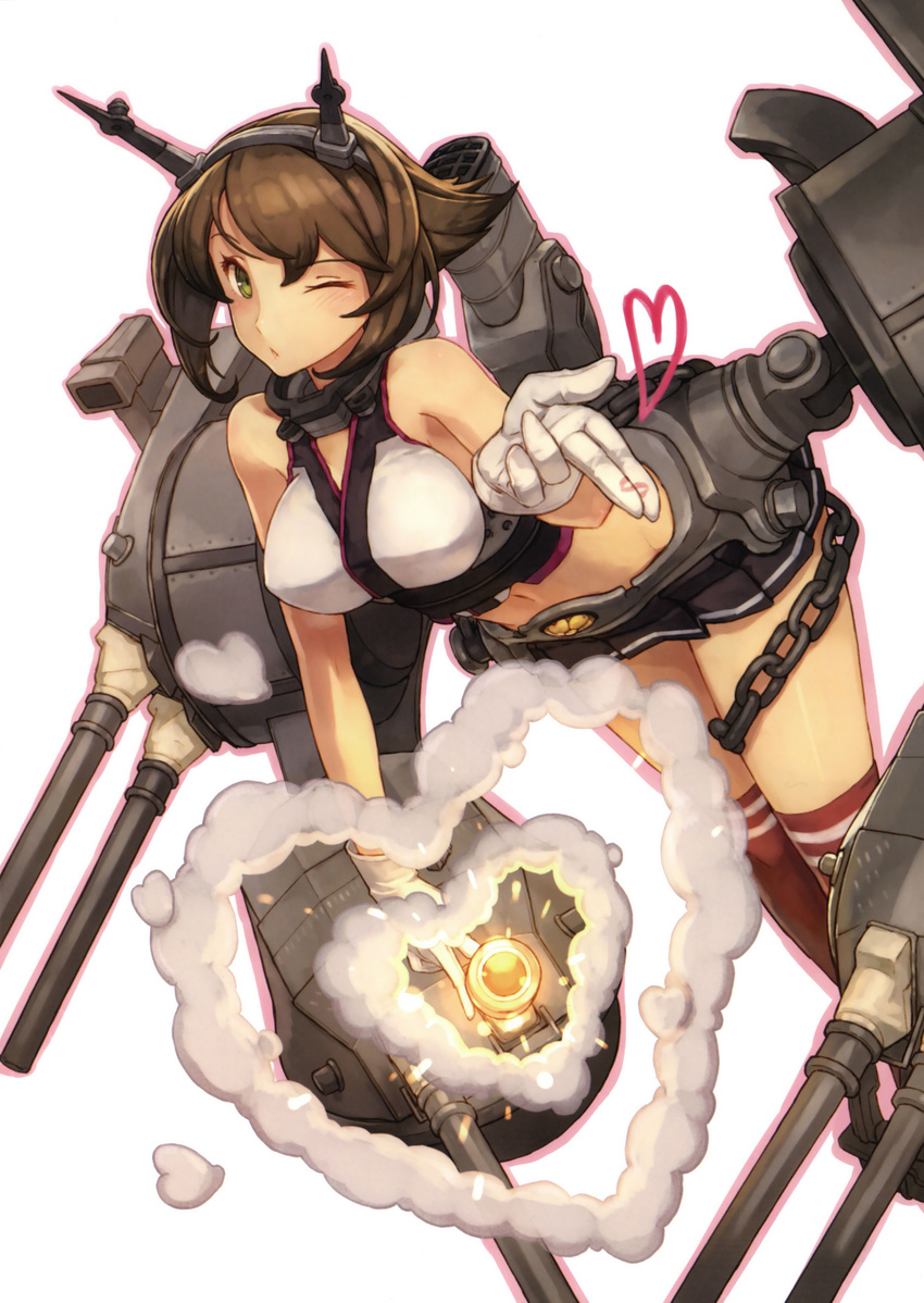 ;&lt; absurdres bare_shoulders blown_kiss breasts brown_hair cannon gloves green_eyes headgear heart highres kantai_collection large_breasts leaning_forward mecha_musume midriff miniskirt mutsu_(kantai_collection) navel official_art one_eye_closed over-kneehighs pleated_skirt red_legwear scan shizuma_yoshinori short_hair skirt solo thighhighs turret white_gloves