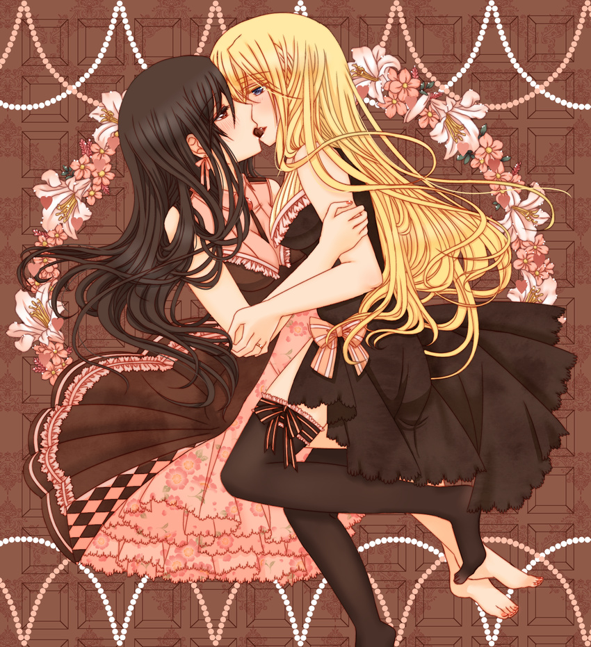 amulet barefoot black_dress black_hair black_legwear blonde_hair blue_eyes bow breasts brown_background brown_eyes chocolate cleavage dress earrings eye_contact flower french_kiss frilled_dress frills full_body garter_straps garters half-closed_eyes highres hug jewelry kiss lily_(flower) long_hair looking_at_another medium_breasts multiple_girls nail_polish original sleeveless sleeveless_dress thighhighs willowonion yuri