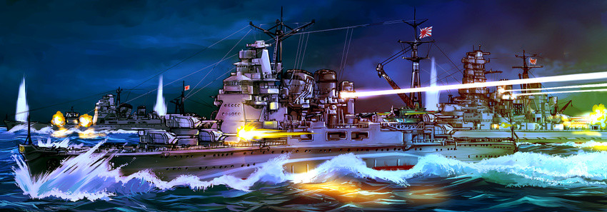 bad_id bad_pixiv_id battleship cannon commentary cruiser firing flag heavy_cruiser historical_event imperial_japanese_navy japanese_flag kirishima_(battleship) military military_vehicle night no_humans ocean original rising_sun searchlight ship sunburst takao_(cruiser) turret warship watercraft world_war_ii yuya