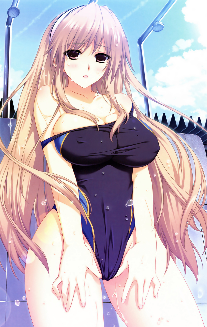 absurdres adjusting_clothes adjusting_swimsuit bare_shoulders blush breasts brown_eyes brown_hair cleavage competition_swimsuit covered_nipples hairband highres iizuki_tasuku impossible_clothes impossible_swimsuit large_breasts long_hair looking_at_viewer lovely_x_cation one-piece_swimsuit parted_lips scan solo strap_slip swimsuit taut_clothes taut_swimsuit tsukioka_misasa very_long_hair wet