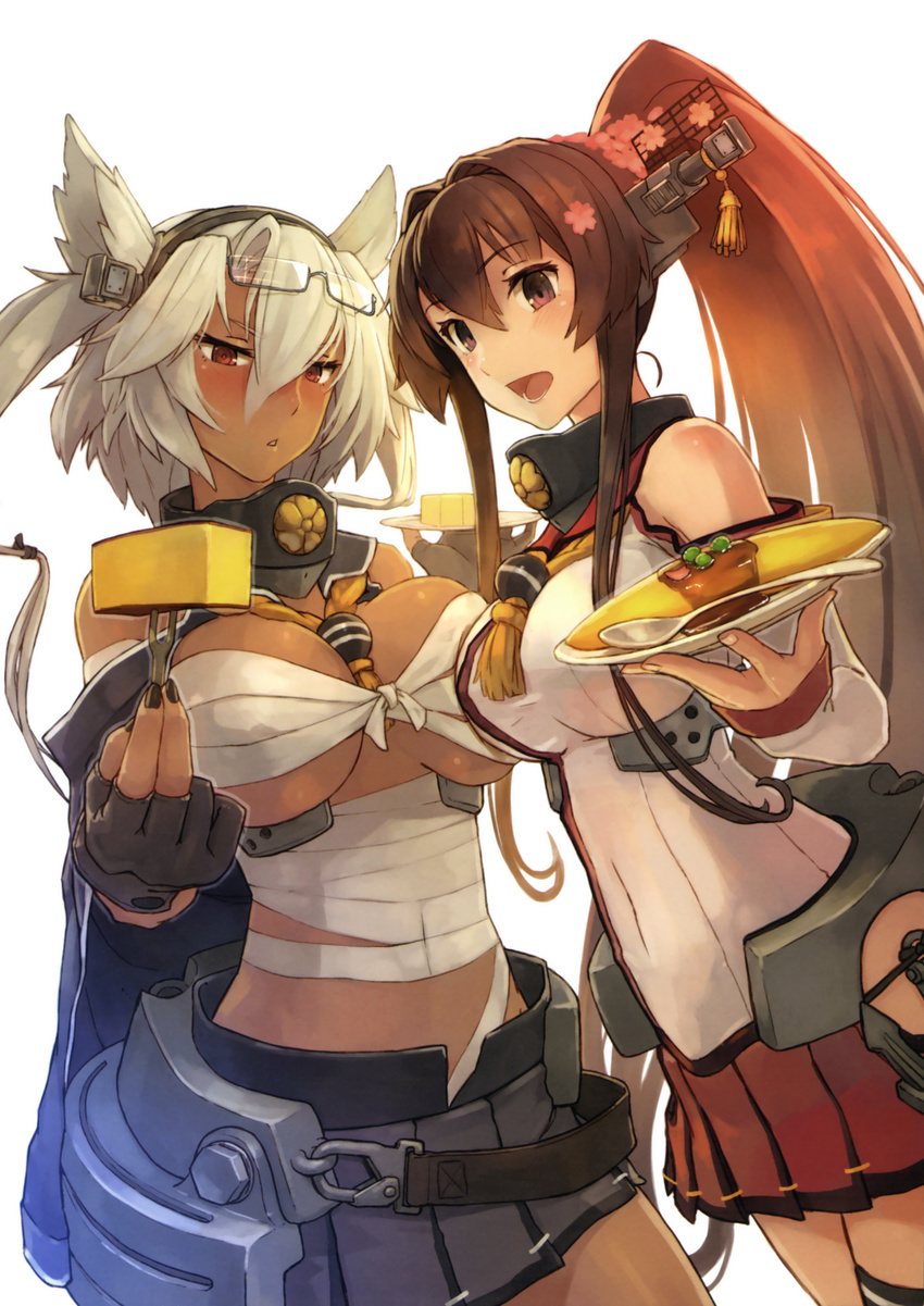 :&lt; :d absurdres asymmetrical_docking black_gloves black_legwear blush breast_press breasts brown_hair cake castella_(food) covered_navel dark_skin detached_sleeves eyewear_on_head feeding fingerless_gloves food glasses gloves grey_hair hair_between_eyes hair_intakes headgear highres kantai_collection large_breasts long_hair looking_at_viewer midriff miniskirt multiple_girls musashi_(kantai_collection) nail_polish official_art omurice open_mouth parted_lips pleated_skirt pointy_hair ponytail pov_feeding purple_eyes red_eyes sailor_collar sarashi scan shizuma_yoshinori single_thighhigh skirt smile spoon thighhighs two_side_up very_long_hair yamato_(kantai_collection)