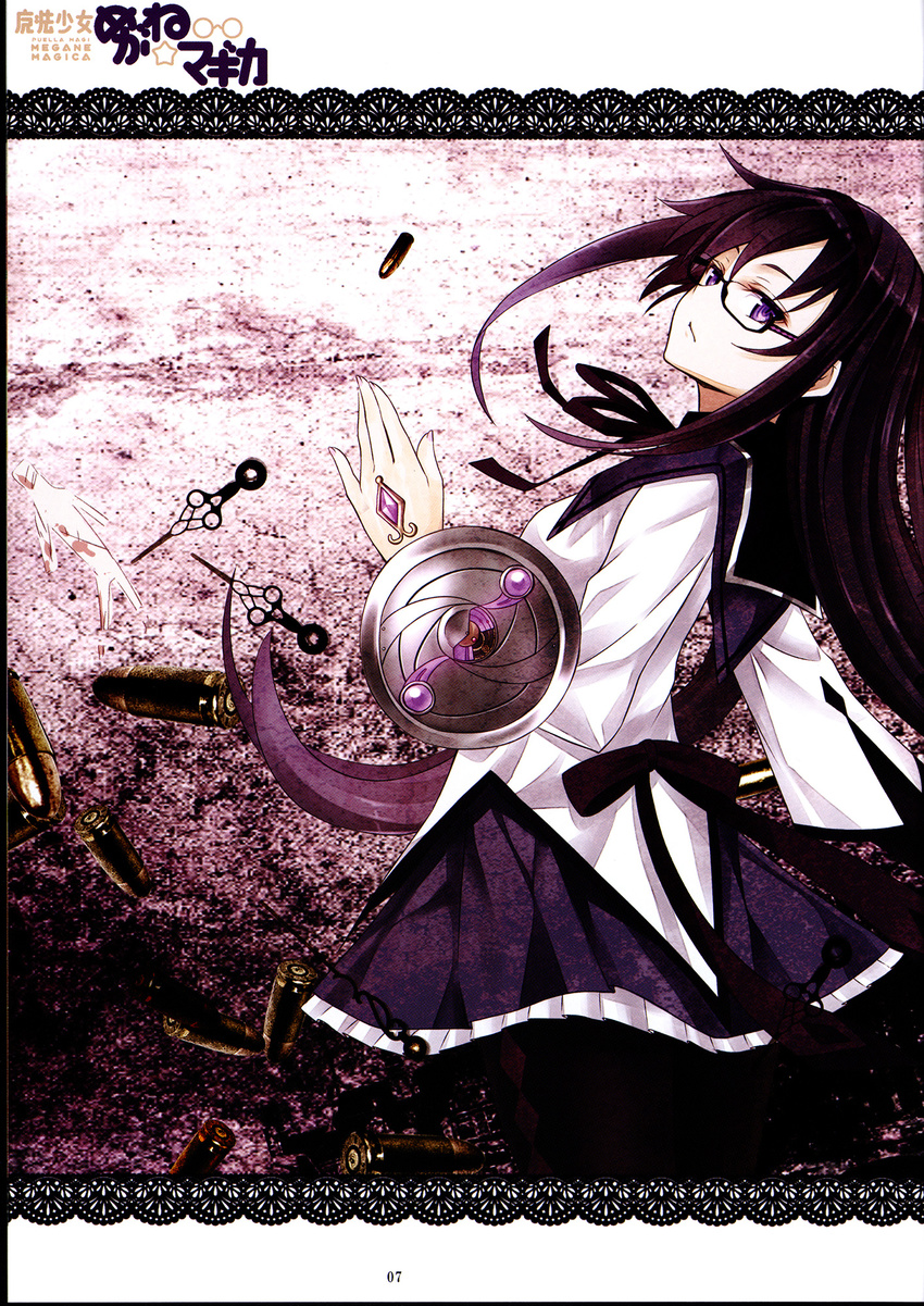 akemi_homura bespectacled black-framed_eyewear black_hair bullet glasses highres long_hair magical_girl mahou_shoujo_madoka_magica nabeshima_tetsuhiro purple_eyes semi-rimless_eyewear shield solo soul_gem under-rim_eyewear