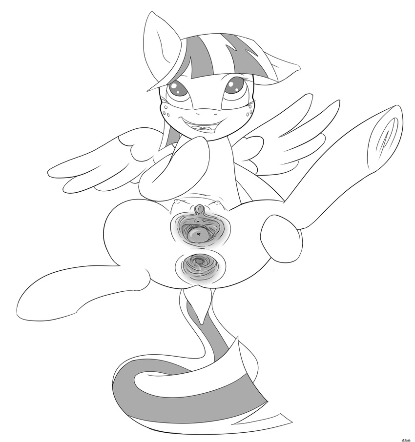 anus bloss blossomforth_(mlp) equine female feral freckles friendship_is_magic gaping gaping_anus gaping_pussy greyscale hair horse mammal monochrome my_little_pony pegasus pony presenting pussy solo spread_legs spreading teats two_tone_hair wings