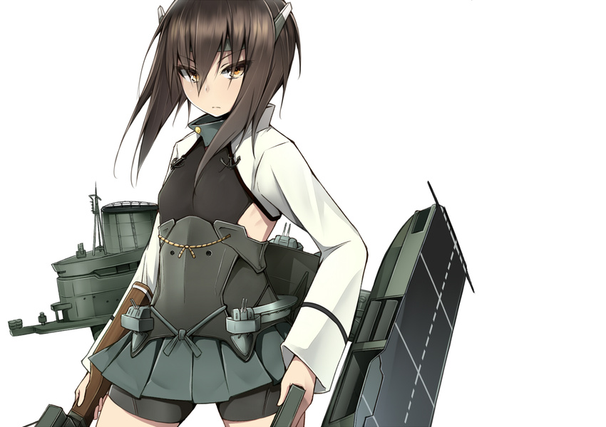 bike_shorts bow_(weapon) brown_eyes brown_hair crossbow flat_chest headband highres kantai_collection looking_at_viewer short_hair skirt solo soukou_makura taihou_(kantai_collection) weapon
