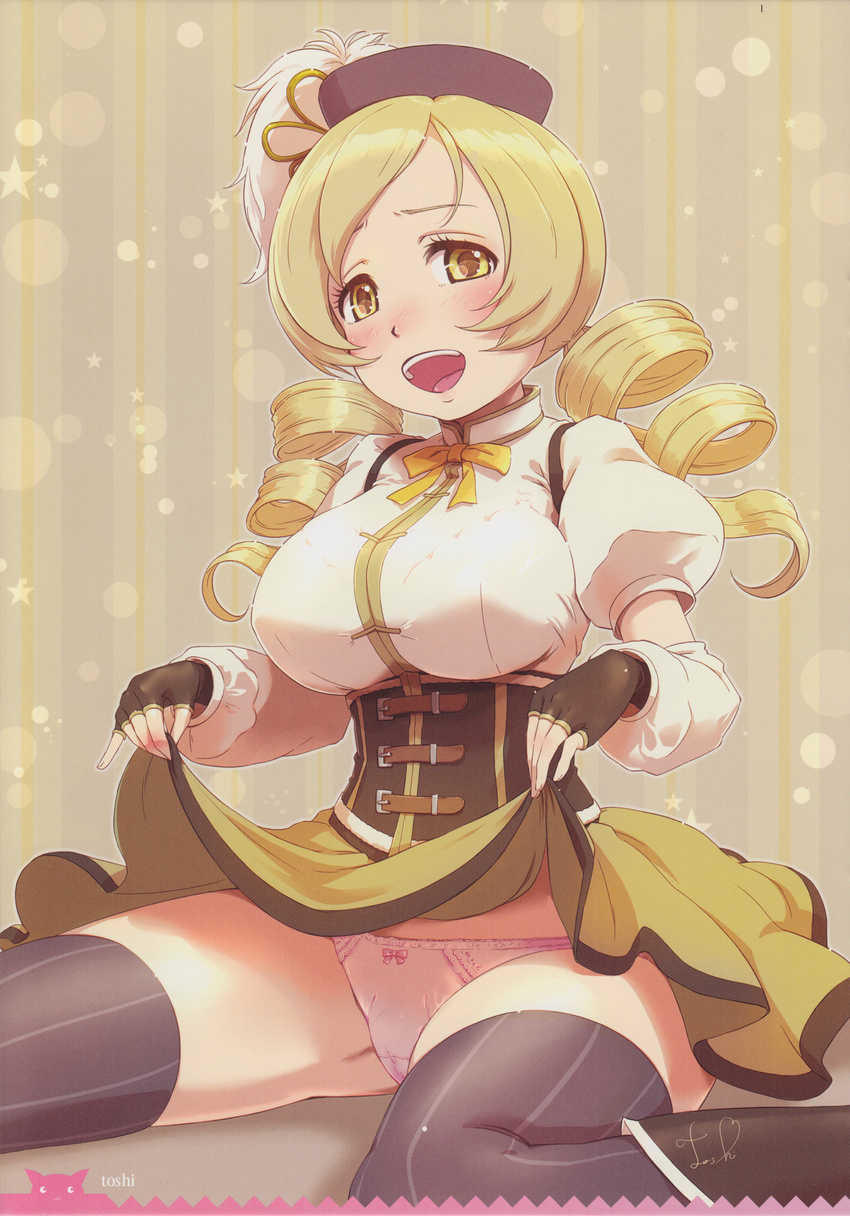 :d absurdres beret blonde_hair blush boots bow bow_panties breasts detached_sleeves drill_hair fingerless_gloves frilled_panties frills gloves hair_ornament hat highres large_breasts lingerie looking_at_viewer magical_girl mahou_shoujo_madoka_magica open_mouth panties pink_panties signature sitting skirt skirt_lift smile solo star striped striped_legwear thighhighs tomoe_mami toshi_punk twin_drills twintails underwear wariza yellow_eyes