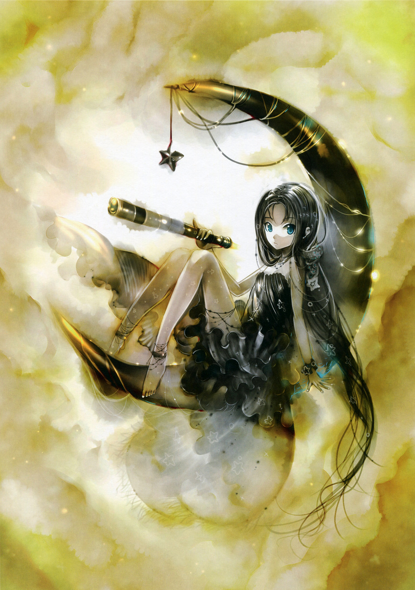 absurdres anklet barefoot black_dress black_hair blue_eyes bracelet crescent dress expressionless full_body highres jewelry kei_(keigarou) long_hair looking_at_viewer moon necklace non-web_source nose_shade original pale_skin pinky_out ponytail sitting solo star telescope very_long_hair yellow_background