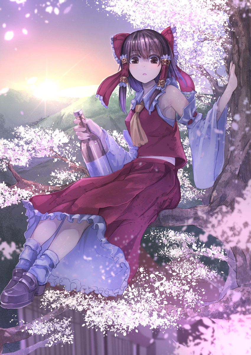 armpits ascot bare_shoulders bottle bow brown_eyes brown_hair cherry_blossoms detached_sleeves hair_bow hair_tubes hakurei_reimu highres in_tree koruse long_sleeves looking_at_viewer open_mouth petals sake_bottle shirt sitting sitting_in_tree skirt solo sunset touhou tree wide_sleeves