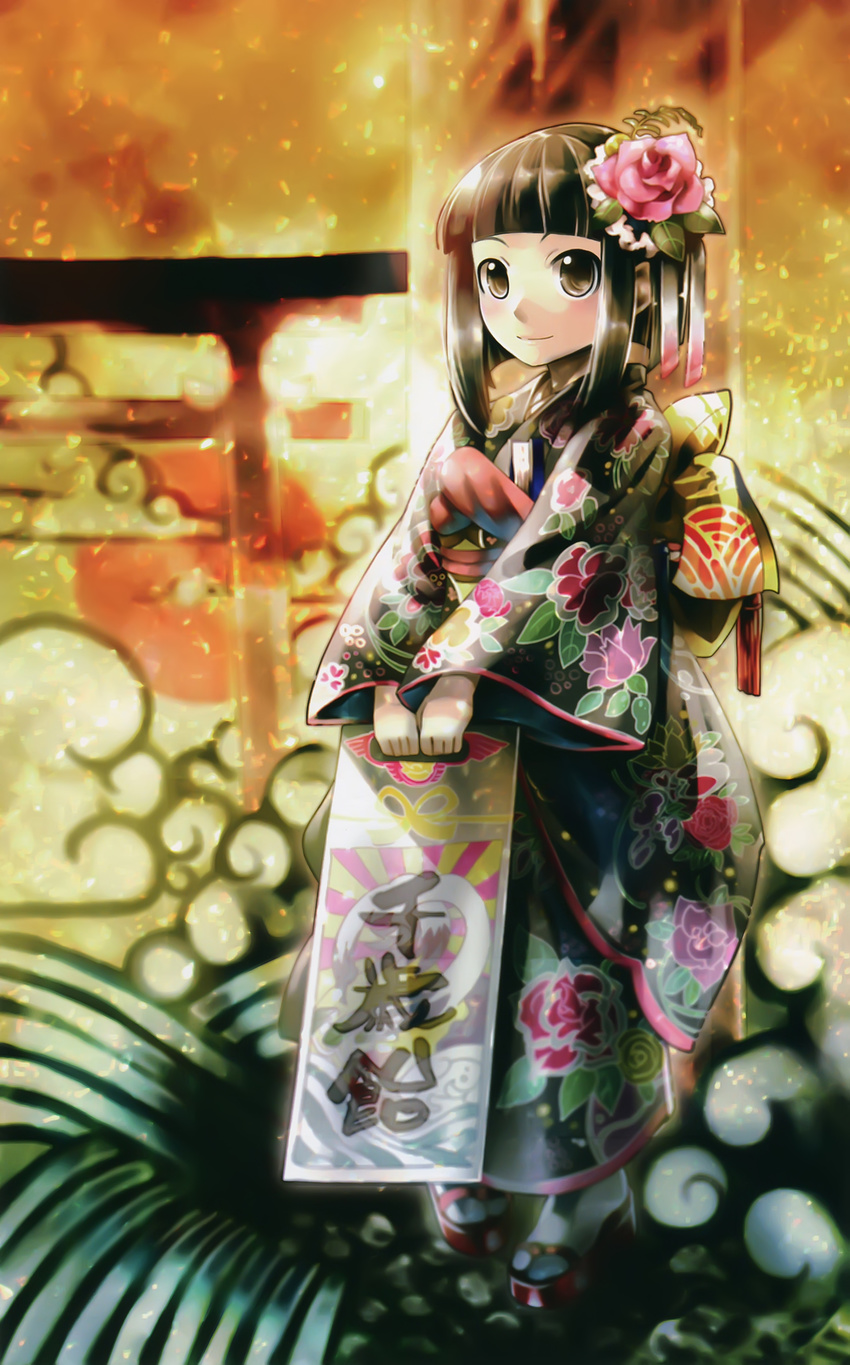 absurdres brown_eyes brown_hair flower highres japanese_clothes kei_(keigarou) kimono non-web_source original short_hair smile solo