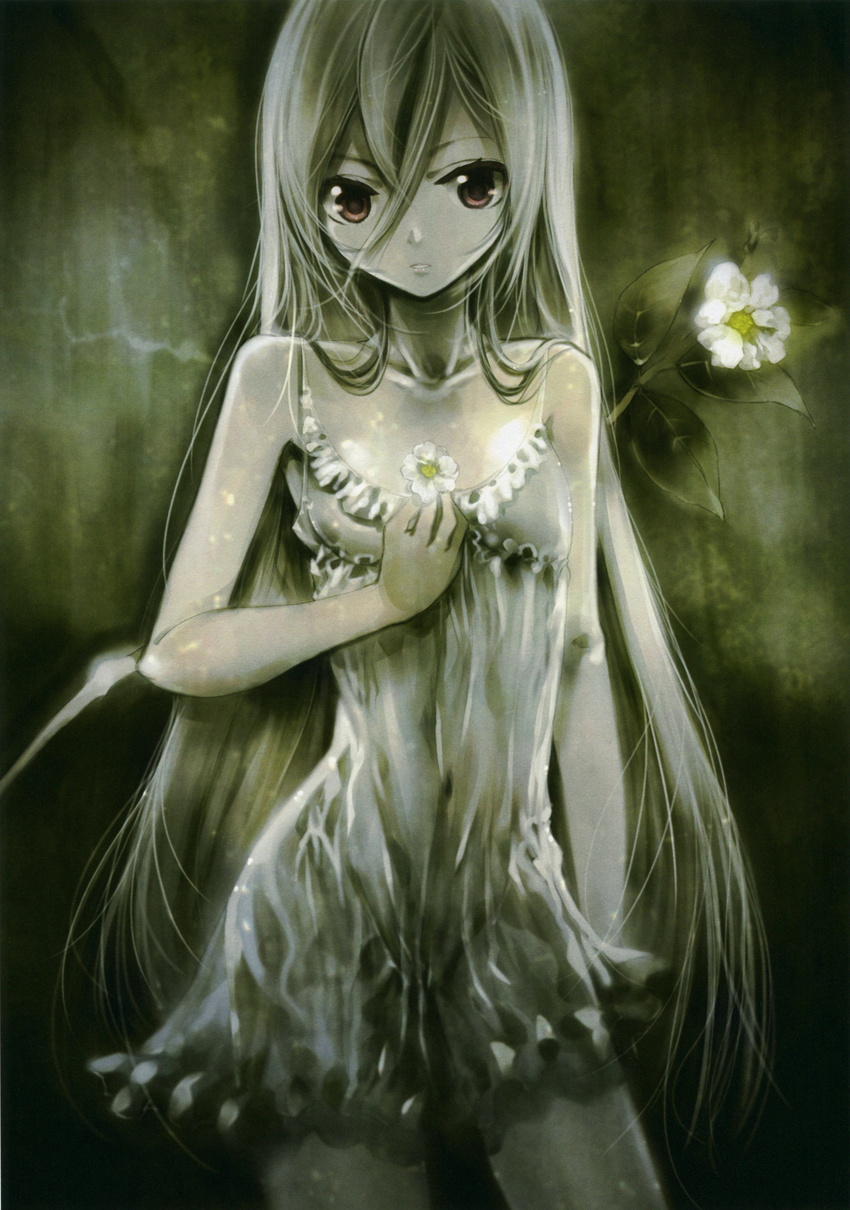 absurdres dress flower grey_hair highres kei_(keigarou) long_hair looking_at_viewer non-web_source original red_eyes solo white_flower