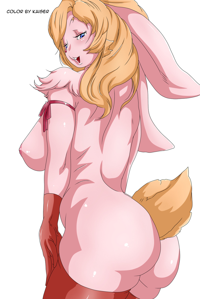 anthro areola big_breasts big_butt blue_eyes breasts butt erect_nipples female gmgkaiser hair lagomorph long_hair mammal nipples nude okiyo orange_hair rabbit side_boob solo