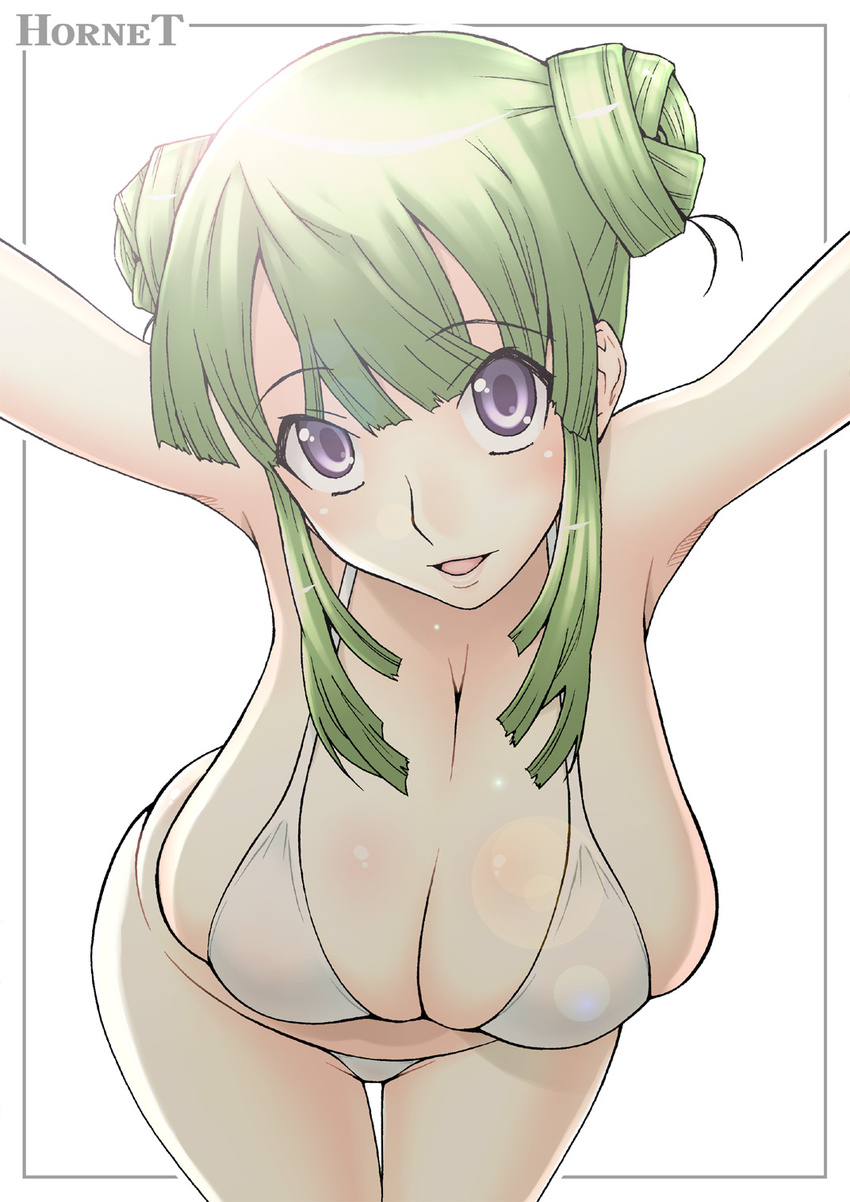 1girl bikini blush breasts curvy double_bun green_hair hanging_breasts highres hornet_(artist) huge_breasts legs long_hair looking_at_viewer open_mouth original purple_eyes simple_background smile solo swimsuit thighs white_background