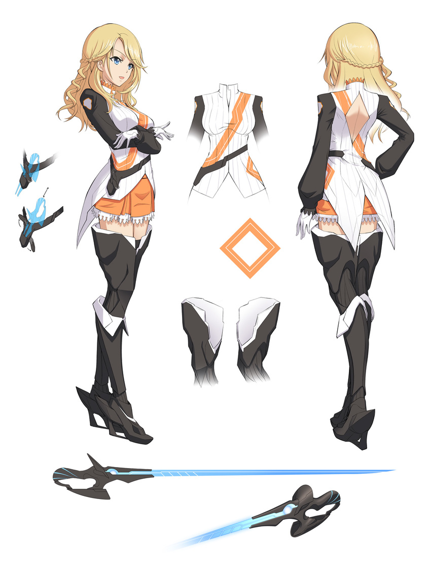 blonde_hair blue_eyes character_sheet culture_japan gloves highres long_hair mirai_millennium multiple_views pinakes sword thighhighs weapon yumeno_kizuna