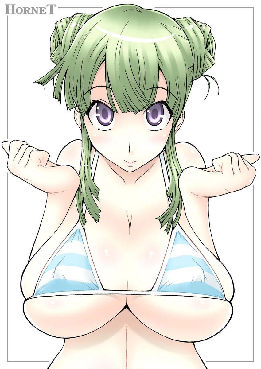 1girl bare_shoulders bikini blush breast_squeeze breasts curvy double_bun green_hair highres hornet_(artist) huge_breasts long_hair looking_at_viewer original purple_eyes simple_background solo standing swimsuit white_background