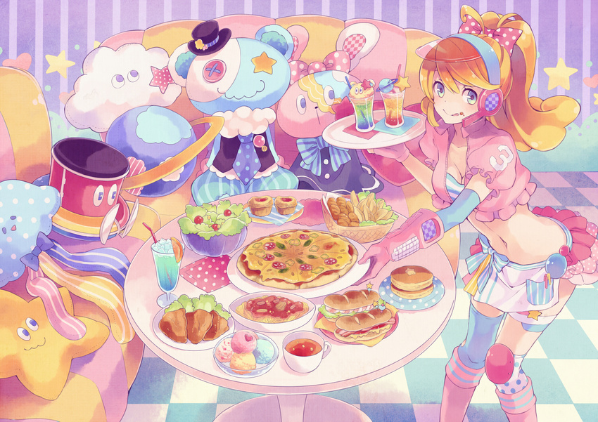 bad_id bad_pixiv_id blonde_hair blue_eyes booota bread colorful drink food fruit glass hat headset hot_dog ice_cream long_hair looking_at_viewer muffin navel orange orange_slice pancake pasta pizza ponytail salad solo spaghetti stuffed_animal stuffed_toy table top_hat tray waitress