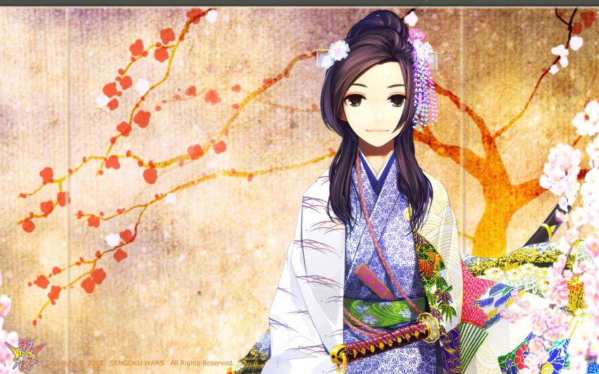 black_hair branch character_request copyright_name dated fan flower folding_screen hair_ornament highres japanese_clothes katana kimono leaf_print light_smile lips logo long_hair looking_at_viewer poaro ponytail sengoku_wars sheath sheathed solo sword tree weapon yellow_eyes